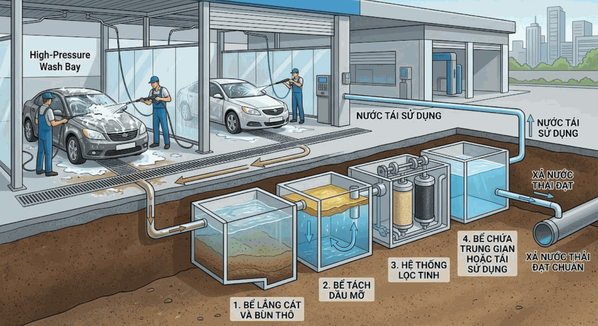 Cấu tạo một hệ thống xử lý nước thải rửa xe chuyên nghiệp