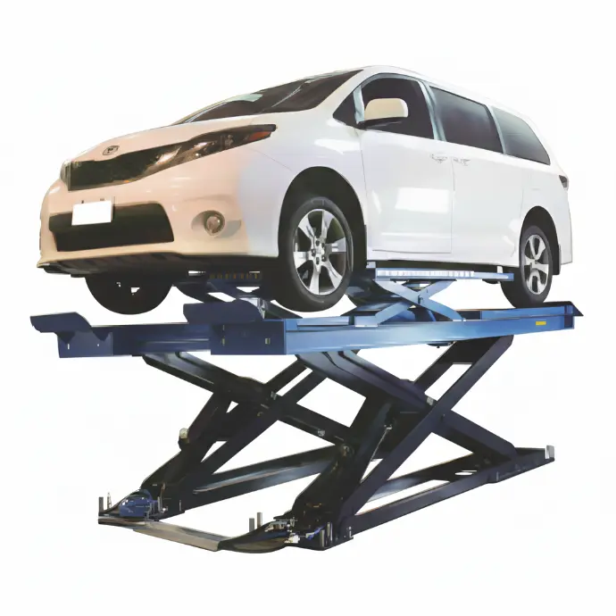 Cầu nâng cắt kéo kiểm tra góc đặt bánh xe 3 Tấn, Lắp nổi, có bàn nâng phụ (3 pha, màu xanh)