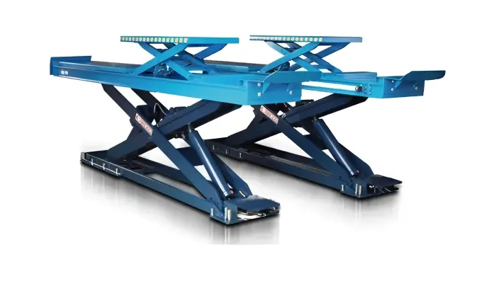 Cầu nâng cắt kéo kiểm tra góc đặt bánh xe 4 Tấn, Lắp nổi, có bàn nâng phụ (3 pha, màu xanh)