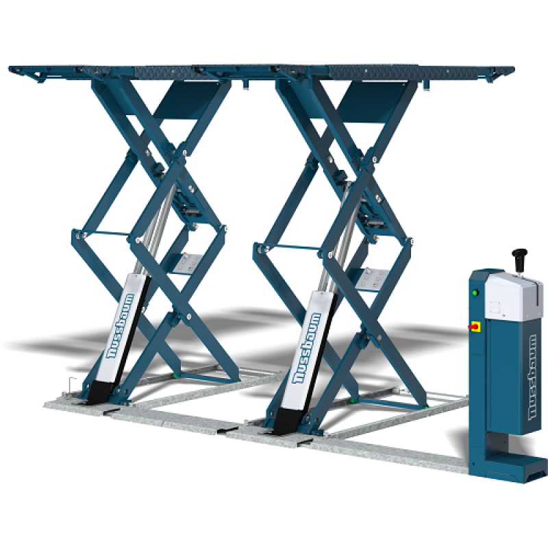 Cầu nâng cắt kéo nâng bụng 3,5 tấn, lắp nổi (3pha, màu xanh), cơ cấu mở rộng bàn nâng